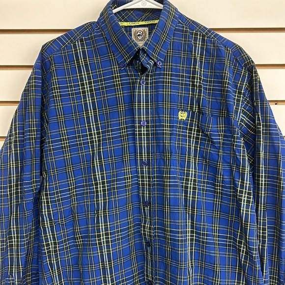 Cinch 100% Cotton‎ Long Sleeve Button Down Shirt Blue/Yellow Plaid EUC Size M - Picture 2 of 8